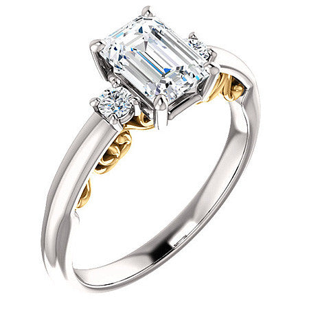 Emerald / Radiant Three-Stone Engagement Ring with Scroll Accent