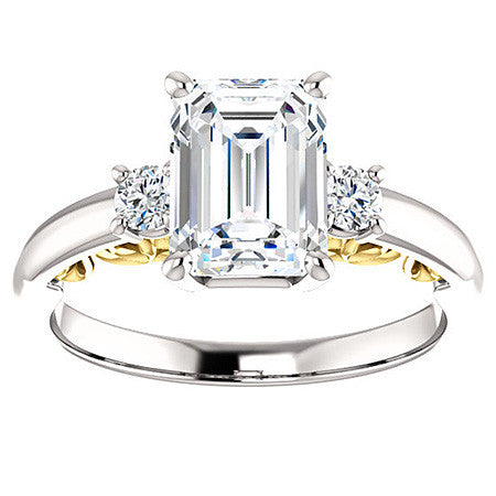 Emerald / Radiant Three-Stone Engagement Ring with Scroll Accent