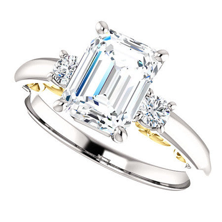 Emerald / Radiant Three-Stone Engagement Ring with Scroll Accent