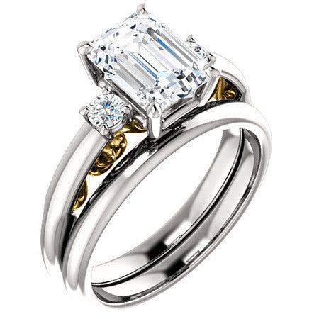 Emerald / Radiant Three-Stone Engagement Ring with Scroll Accent