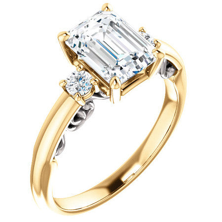 Emerald / Radiant Three-Stone Engagement Ring with Scroll Accent