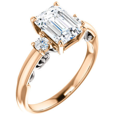 Emerald / Radiant Three-Stone Engagement Ring with Scroll Accent
