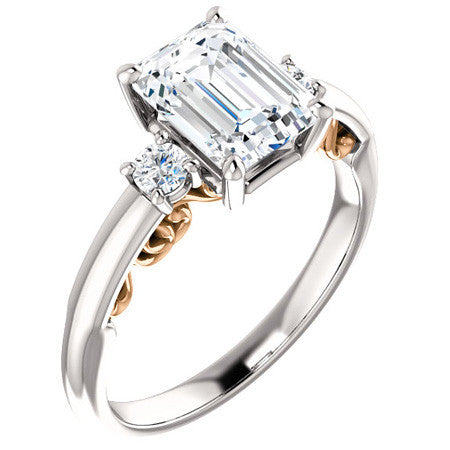 Emerald / Radiant Three-Stone Engagement Ring with Scroll Accent