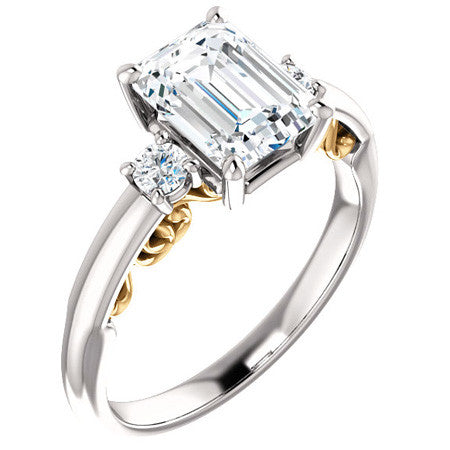 Emerald / Radiant Three-Stone Engagement Ring with Scroll Accent