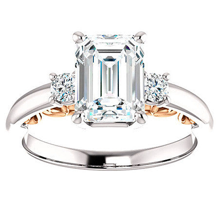 Emerald / Radiant Three-Stone Engagement Ring with Scroll Accent