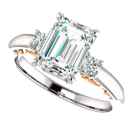 Emerald / Radiant Three-Stone Engagement Ring with Scroll Accent