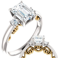 Emerald / Radiant Three-Stone Engagement Ring with Scroll Accent