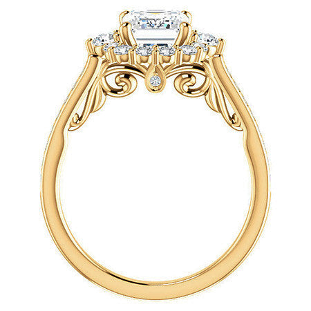 Emerald / Radiant Scroll Halo Engagement Ring with Surprise Diamonds