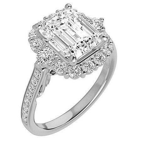 Emerald / Radiant Scroll Halo Engagement Ring with Surprise Diamonds