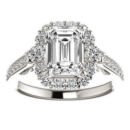 Emerald / Radiant Scroll Halo Engagement Ring with Surprise Diamonds