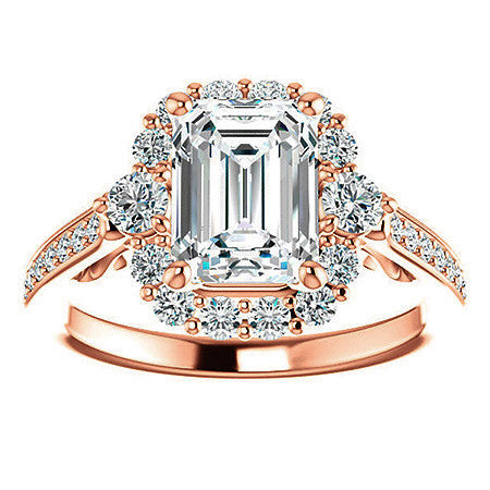 Emerald / Radiant Scroll Halo Engagement Ring with Surprise Diamonds