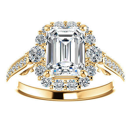 Emerald / Radiant Scroll Halo Engagement Ring with Surprise Diamonds
