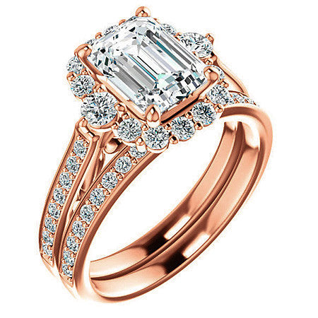 Emerald / Radiant Scroll Halo Engagement Ring with Surprise Diamonds