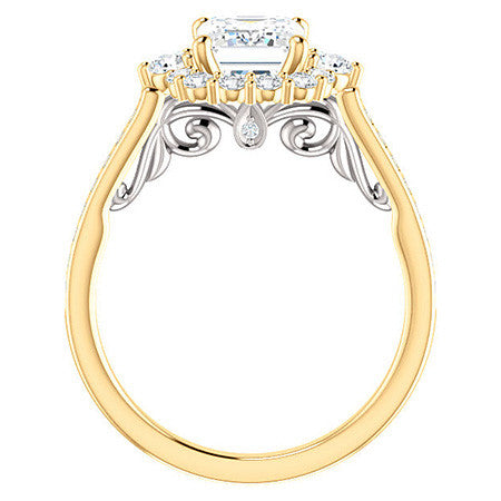 Emerald / Radiant Scroll Halo Engagement Ring with Surprise Diamonds