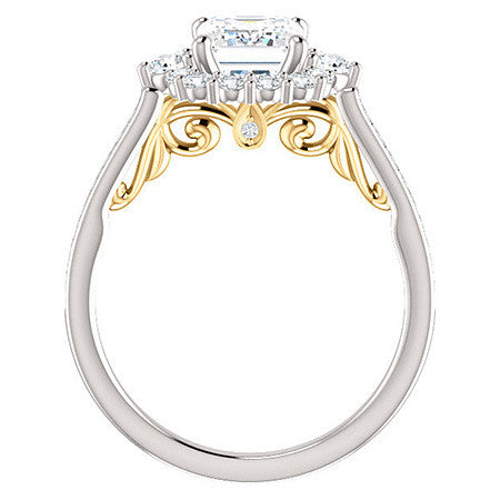 Emerald / Radiant Scroll Halo Engagement Ring with Surprise Diamonds