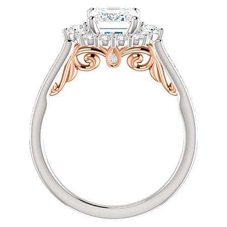 Emerald / Radiant Scroll Halo Engagement Ring with Surprise Diamonds