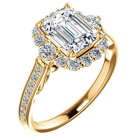 Emerald / Radiant Scroll Halo Engagement Ring with Surprise Diamonds
