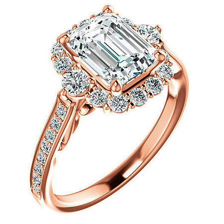 Emerald / Radiant Scroll Halo Engagement Ring with Surprise Diamonds