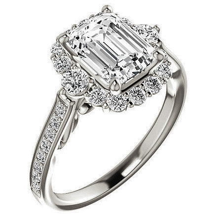 Emerald / Radiant Scroll Halo Engagement Ring with Surprise Diamonds