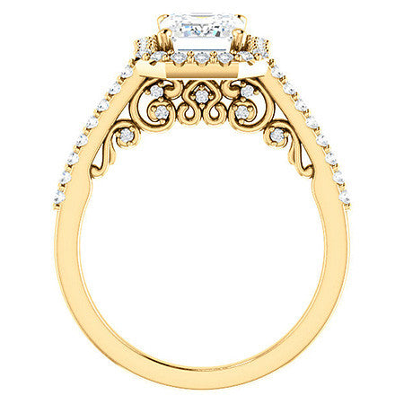 Emerald / Radiant Ornate Halo Engagement Ring with Scroll Accent