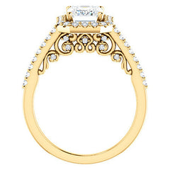 Emerald / Radiant Ornate Halo Engagement Ring with Scroll Accent