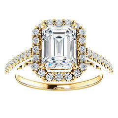 Emerald / Radiant Ornate Halo Engagement Ring with Scroll Accent