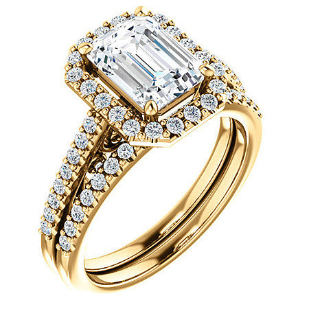 Emerald / Radiant Ornate Halo Engagement Ring with Scroll Accent