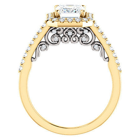 Emerald / Radiant Ornate Halo Engagement Ring with Scroll Accent