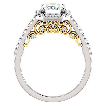 Emerald / Radiant Ornate Halo Engagement Ring with Scroll Accent
