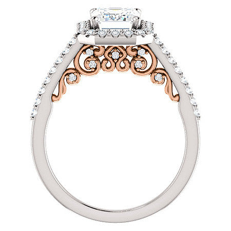 Emerald / Radiant Ornate Halo Engagement Ring with Scroll Accent