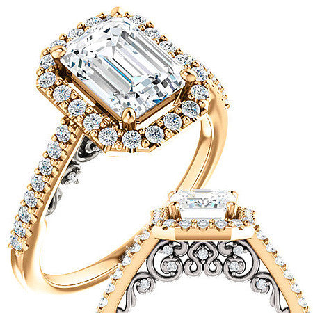 Emerald / Radiant Ornate Halo Engagement Ring with Scroll Accent