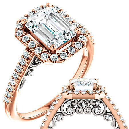 Emerald / Radiant Ornate Halo Engagement Ring with Scroll Accent