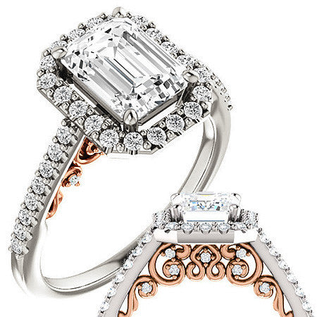 Emerald / Radiant Ornate Halo Engagement Ring with Scroll Accent