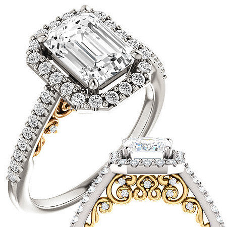 Emerald / Radiant Ornate Halo Engagement Ring with Scroll Accent