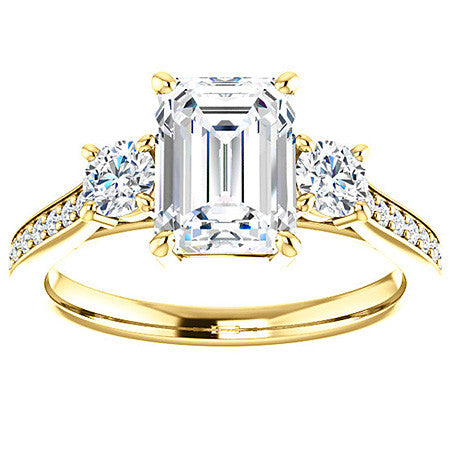 Emerald / Radiant 3-Stone Moissanite Cathedral Engagement Ring