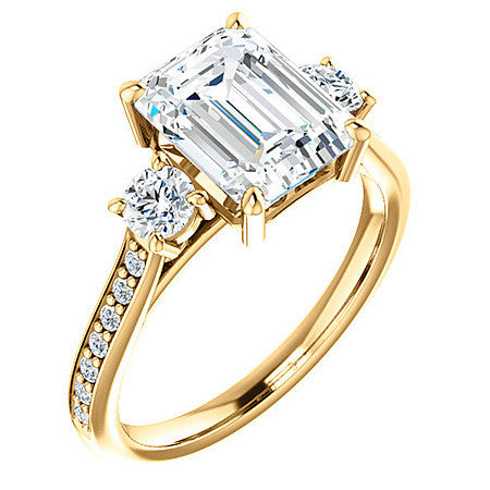 Emerald / Radiant 3-Stone Moissanite Cathedral Engagement Ring