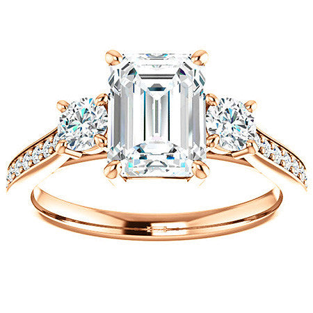 Emerald / Radiant 3-Stone Moissanite Cathedral Engagement Ring