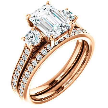 Emerald / Radiant 3-Stone Moissanite Cathedral Engagement Ring