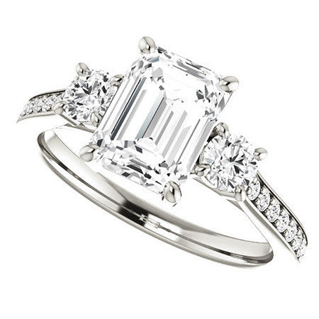 Emerald / Radiant 3-Stone Moissanite Cathedral Engagement Ring