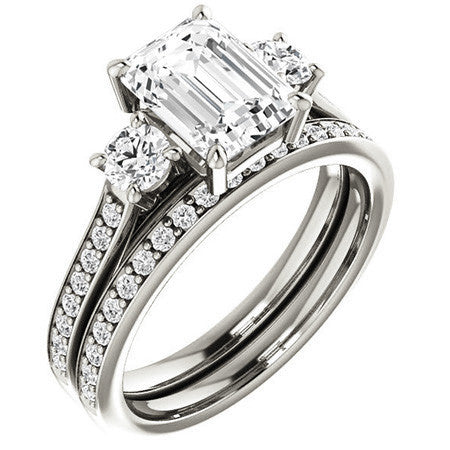 Emerald / Radiant 3-Stone Moissanite Cathedral Engagement Ring