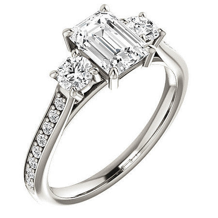 Emerald / Radiant 3-Stone Moissanite Cathedral Engagement Ring