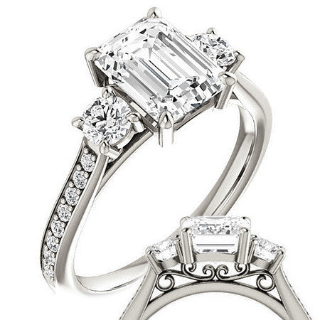 Emerald / Radiant 3-Stone Moissanite Cathedral Engagement Ring