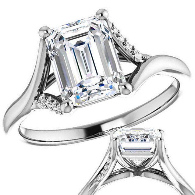 Emerald / Radiant Split Shank Accented Cathedral Moissanite Engagement Ring