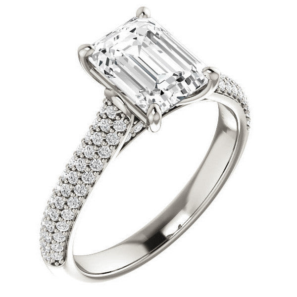 Emerald / Radiant Moissanite Pave Cathedral Engagement Ring
