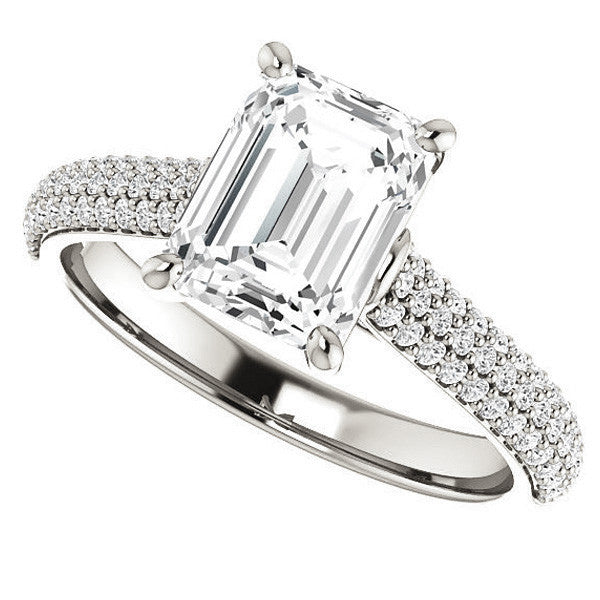 Emerald / Radiant Moissanite Pave Cathedral Engagement Ring