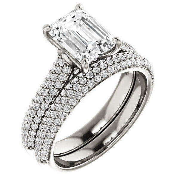 Emerald / Radiant Moissanite Pave Cathedral Engagement Ring