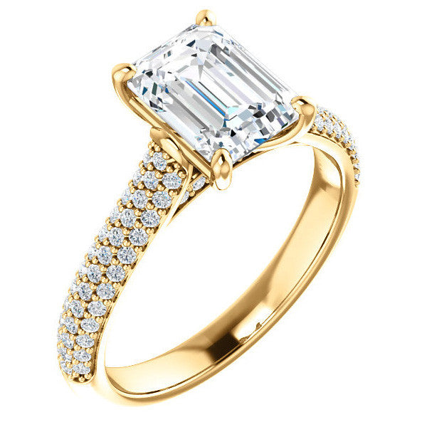 Emerald / Radiant Moissanite Pave Cathedral Engagement Ring