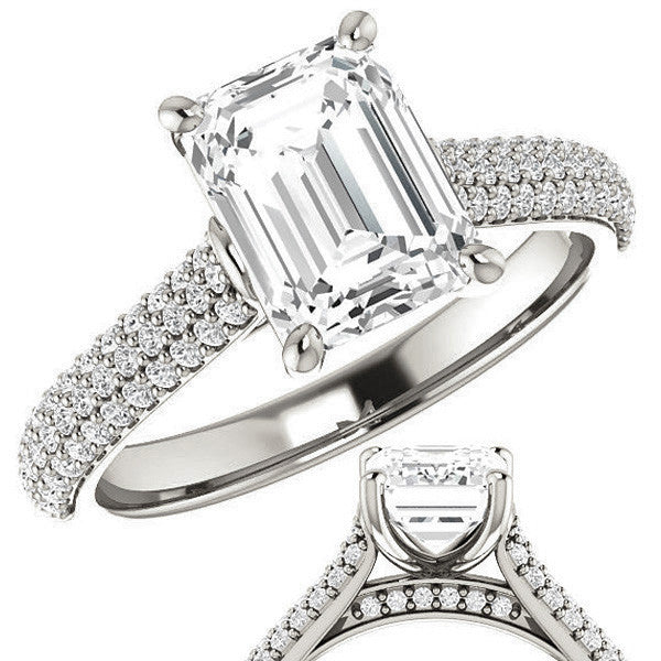 Emerald / Radiant Moissanite Pave Cathedral Engagement Ring