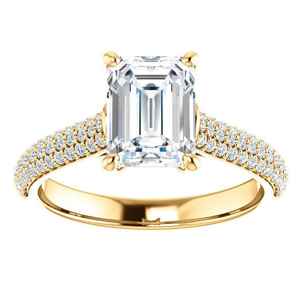 Emerald / Radiant Moissanite Pave Cathedral Engagement Ring