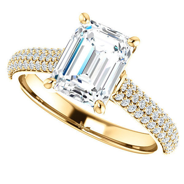 Emerald / Radiant Moissanite Pave Cathedral Engagement Ring